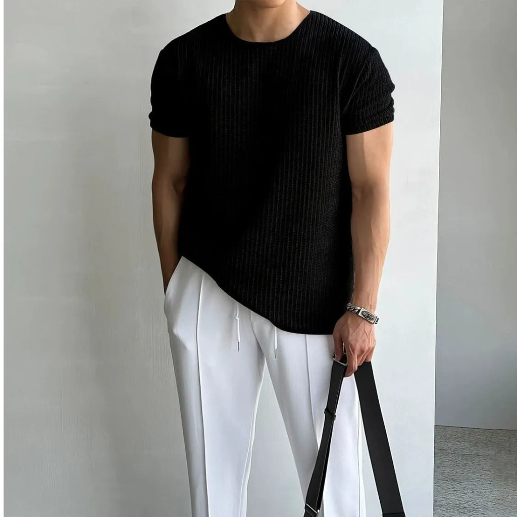 Men's breathable short-sleeve round neck T-shirt in apricot, loose fit polyester fabric