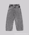 Grey loose-fit straight-leg cotton denim trousers on a mid-waist, shown from the front.