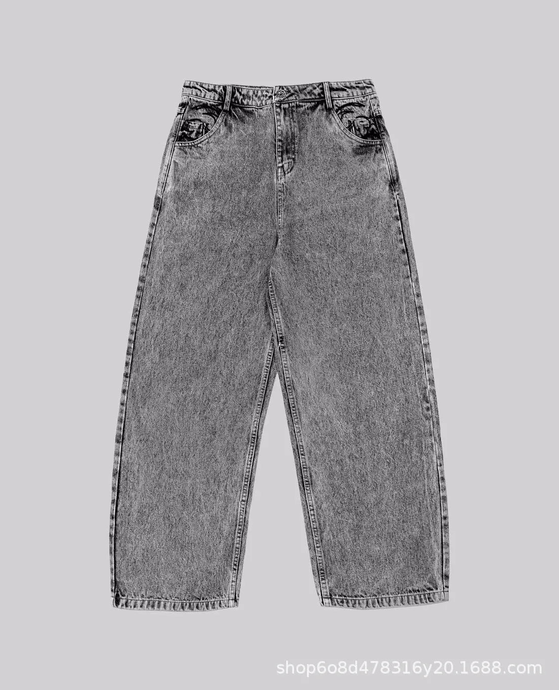 Grey loose-fit straight-leg cotton denim trousers on a mid-waist, shown from the front.
