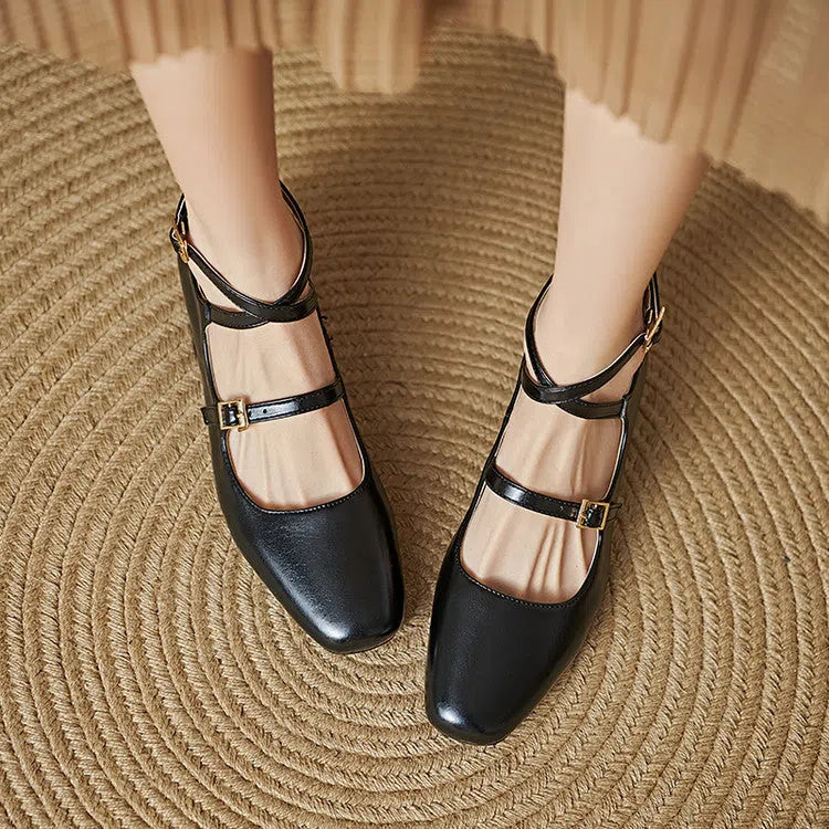 Square-toe chunky heel women's pumps in black with rhinestone decoration on PU upper