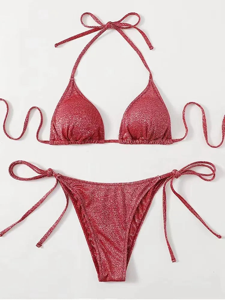 Women's bandage bikini swimsuit with split design in khaki gold colour