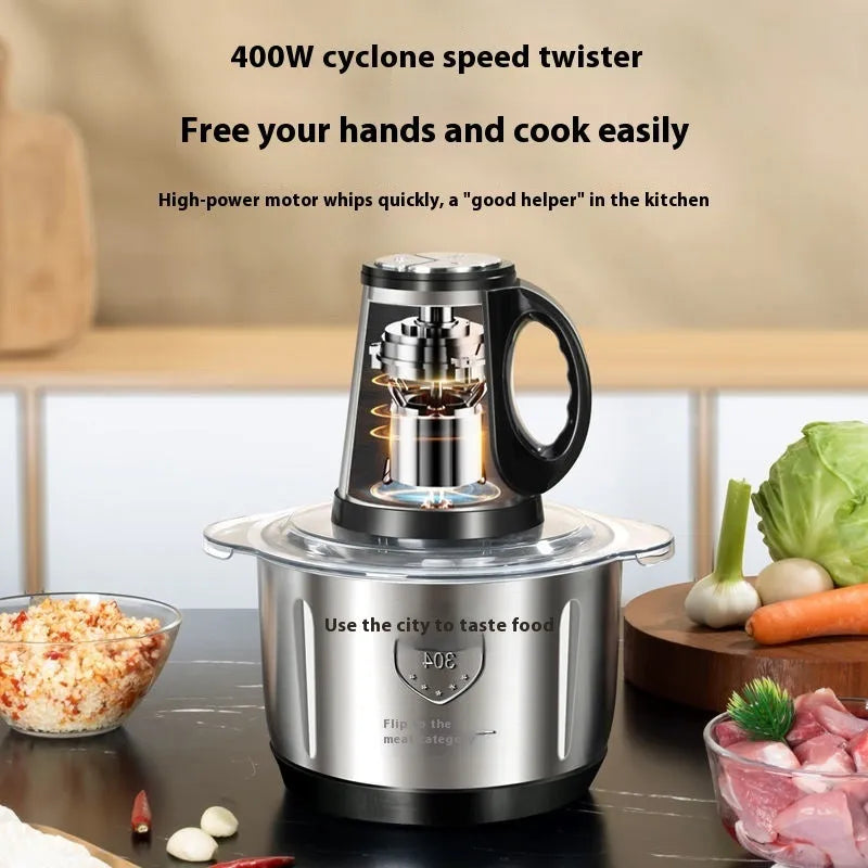 Stainless steel meat grinder with 2L capacity bowl and two knife sets