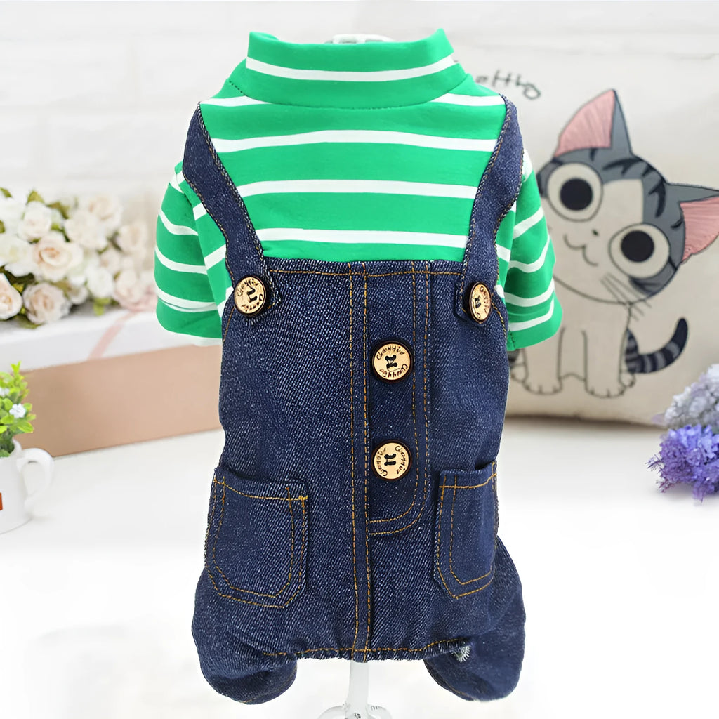 Four-legged pet clothes in navy blue for small dogs, polyester fabric, side view