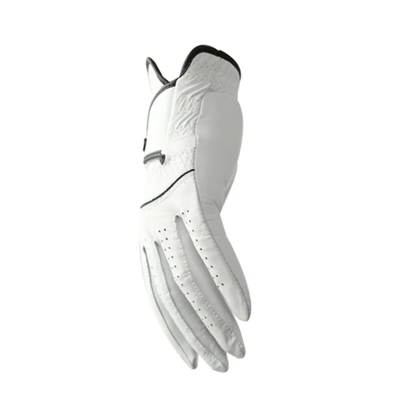 Men's white half sheepskin leather golf glove showing palm with non-slip grip.