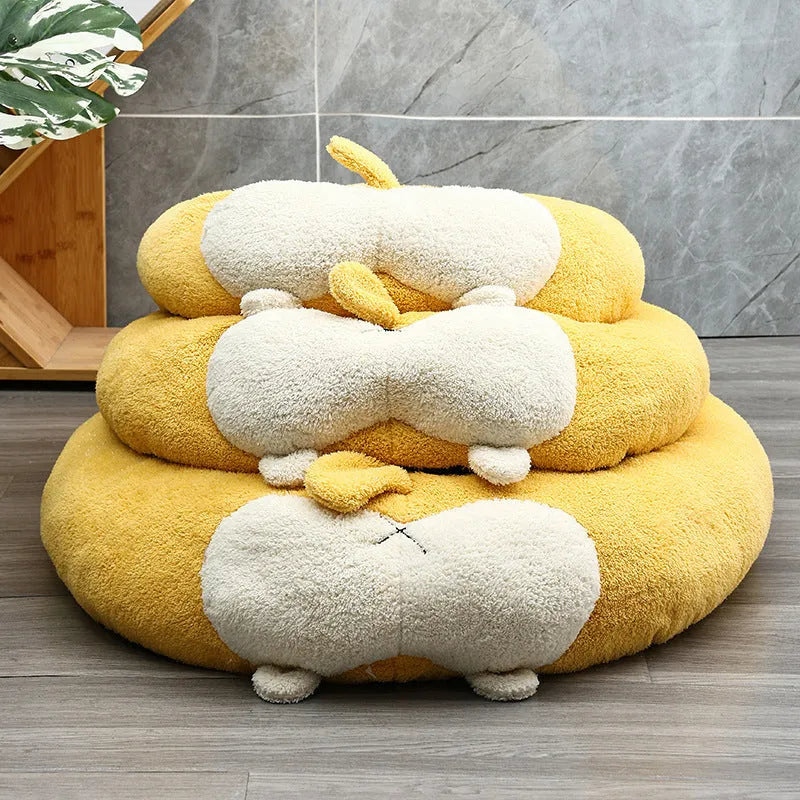 A soft plush corgi-shaped pet bed for dogs or cats, shown in three available sizes.