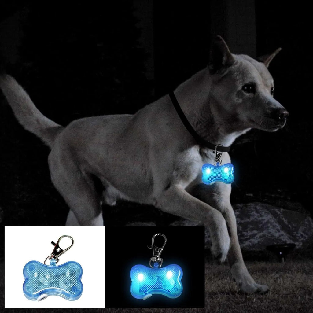 Blue LED luminous bone-shaped pendant for pet collars showing three light mode settings.