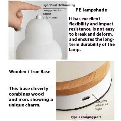 White pear rechargeable LED touch table lamp with PE shade on a bedside table