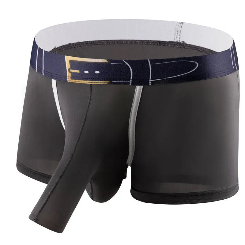 Men's solid colour Ice Silk boxer briefs laid flat, showing mid-waist design and lightweight fabric texture.