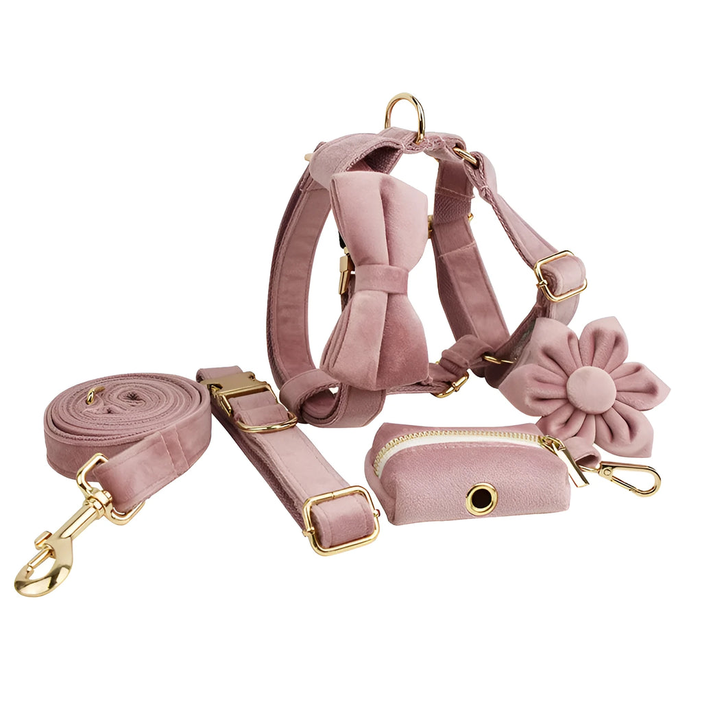 Light purple pink velvet dog collar with matching accessories on white background