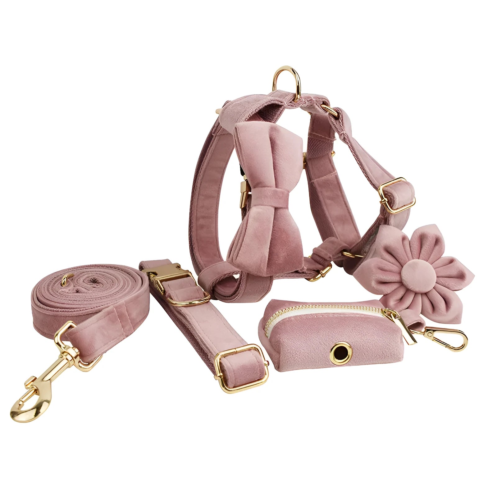 Light purple pink velvet dog collar with matching accessories on white background