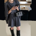 Women's black knitted vest skirt and cardigan two-piece set with 3D pattern and adjustable belt