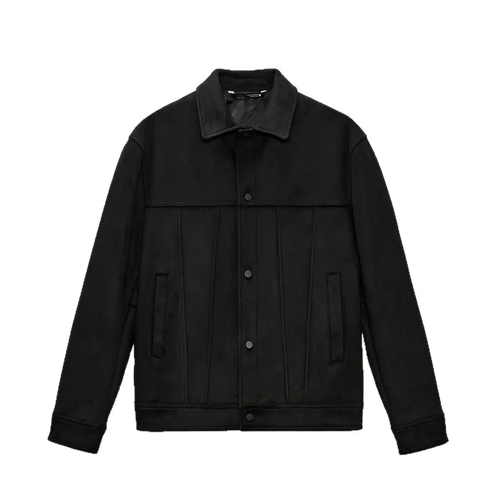 Black men's hooded jacket with suede collar and side seam pockets