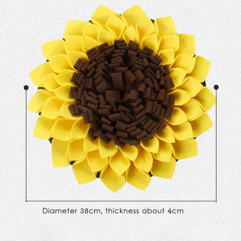 Yellow sunflower-shaped dog snuffle mat with rope and buckle for hanging or fixing