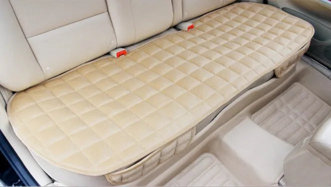 Checkered embroidered plush non-slip car seat cushion in beige with cotton fabric, three-piece set