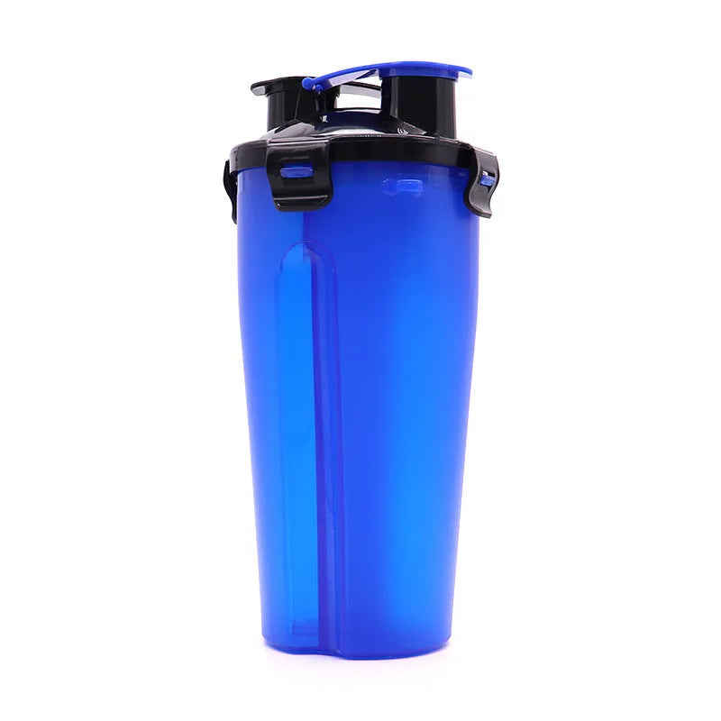 White portable pet water and food cup showing water and food compartments