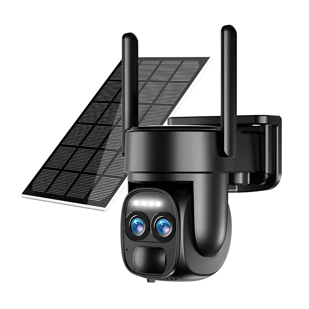Solar-powered outdoor security camera with 8x zoom lens for home surveillance monitoring