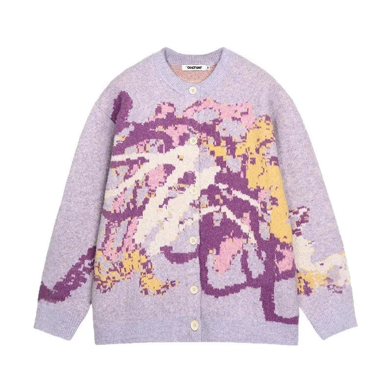 Men's cotton blend graffiti colourful round neck sweater long sleeve loose fit sky blue beige cardigan