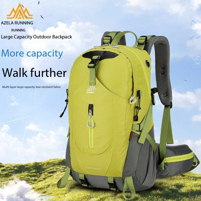 AZELA Electron 40L hiking backpack in white and navy, multiple compartments, adjustable straps, outdoor camping, daypack