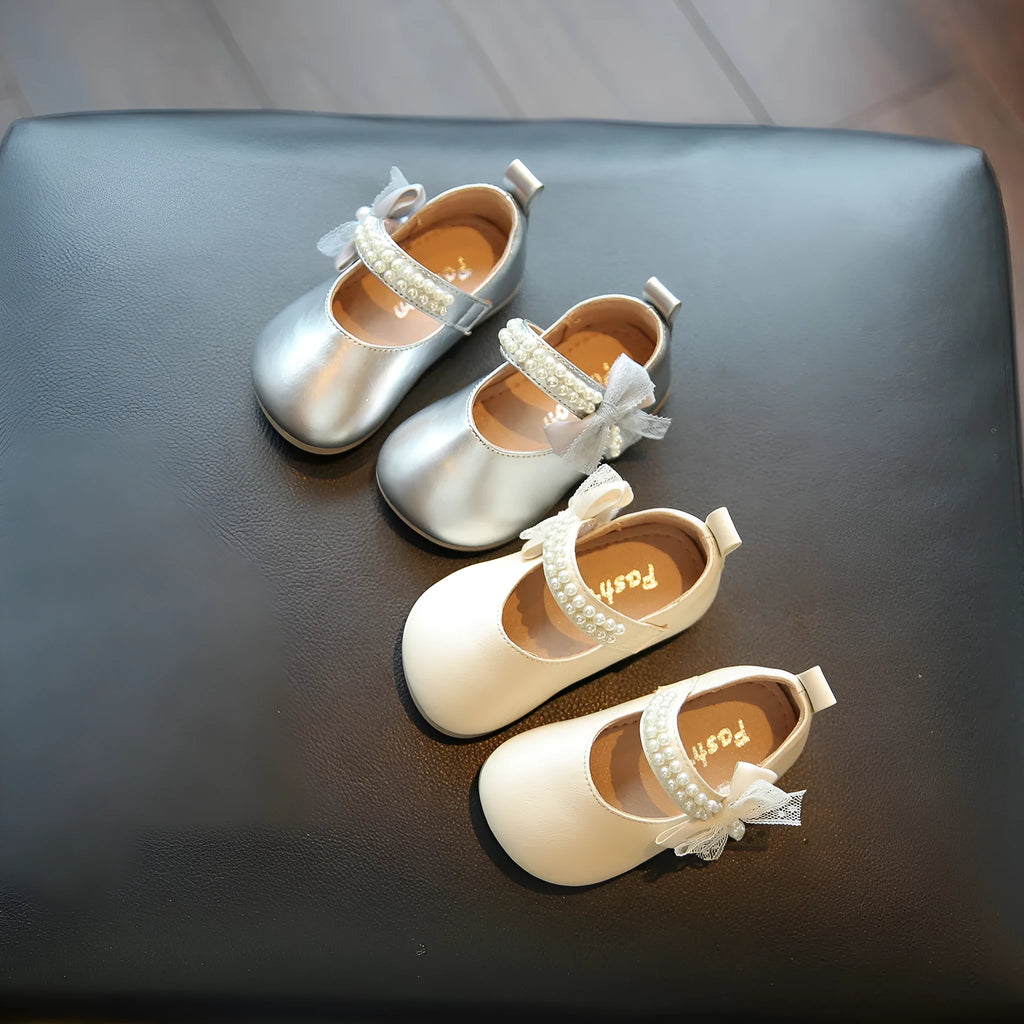 Toddler girls bow princess square mouth non-slip pumps in beige synthetic leather with Velcro strap