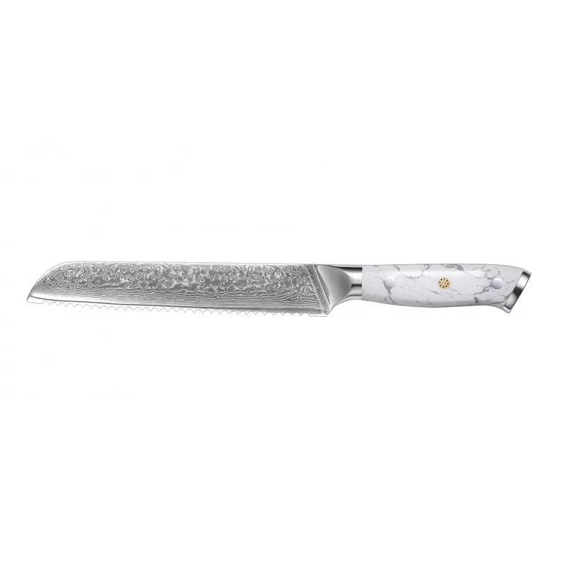 VG10 Damascus steel chef's knife with 21cm blade on a kitchen counter.