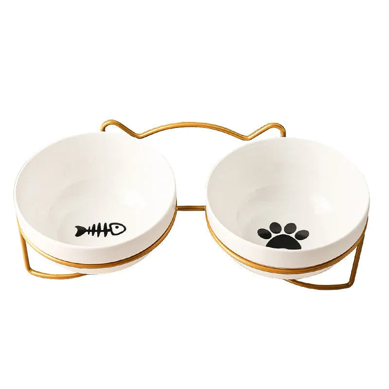 Ceramic cat bowl with iron frame in cat paw or fishbone print