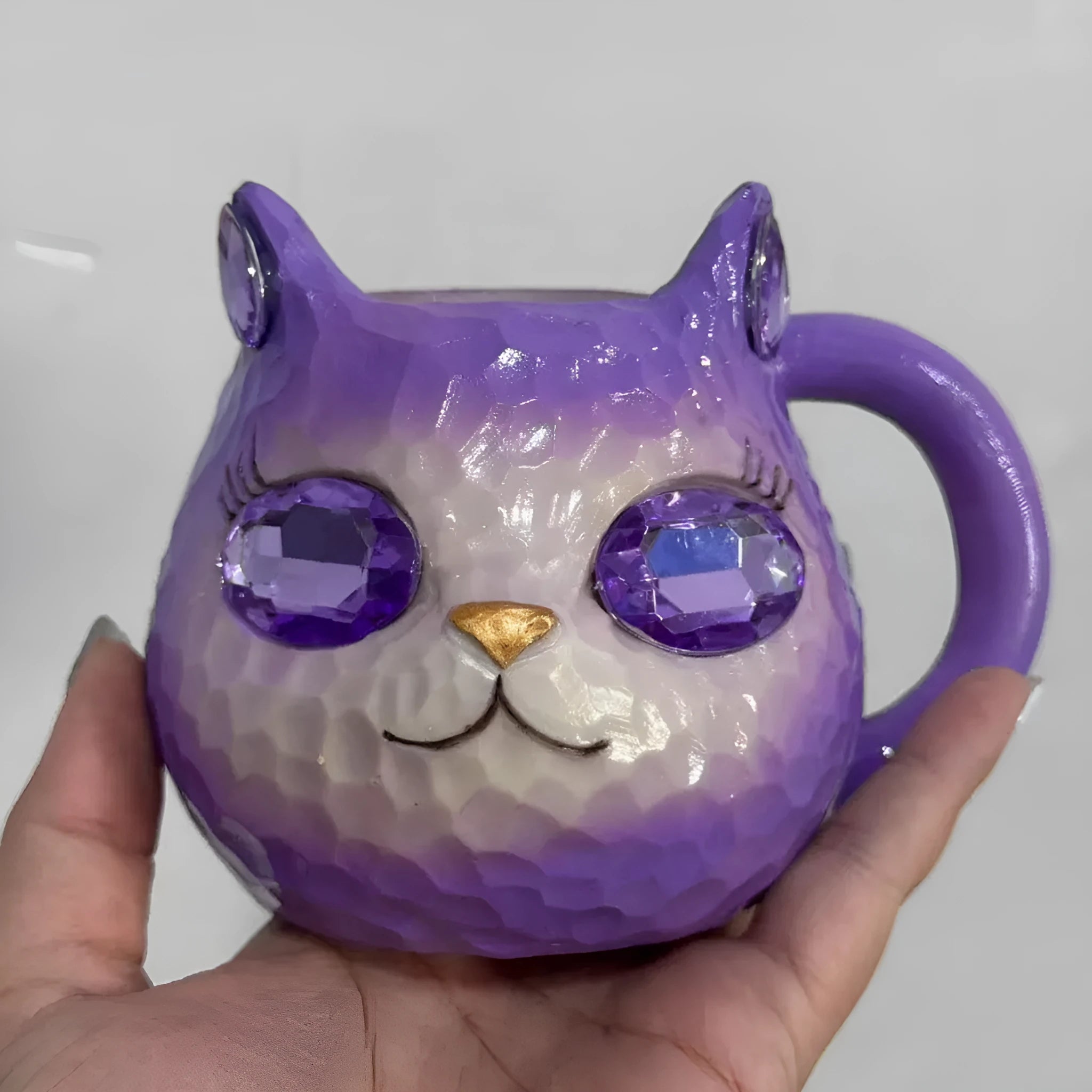 American style resin cat cup decoration in blue, green, pink, or purple colour.