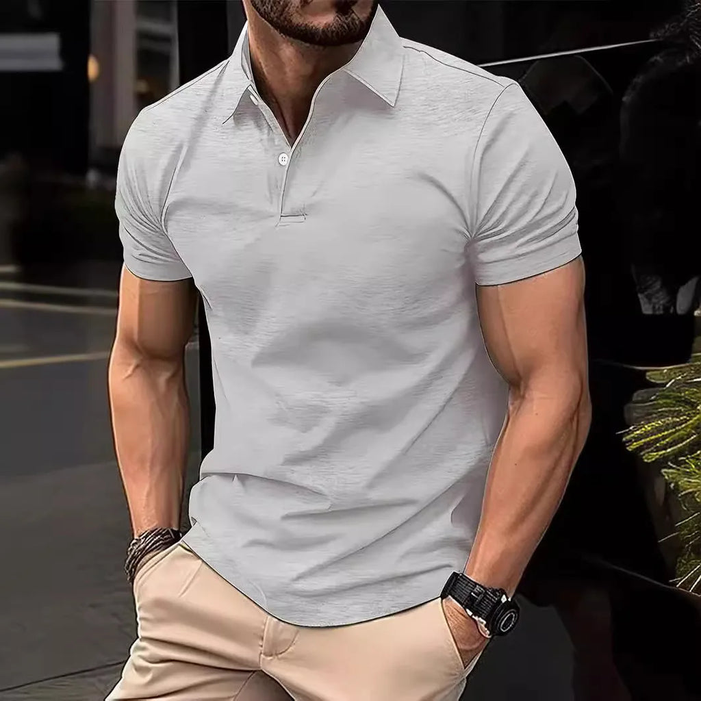 Men's slim fit cotton blend short sleeve button-up shirt on a hanger, shown in a solid colour.