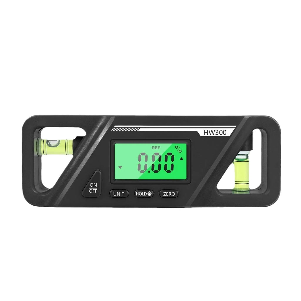 Black digital inclinometer level meter with magnetic base, showing angle reading on LCD display.