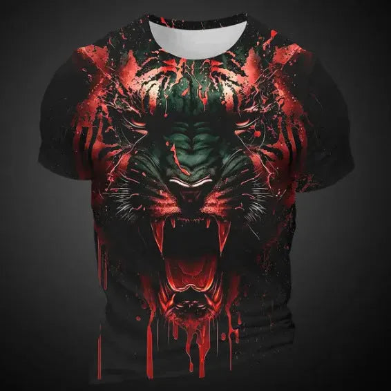 Men's grey T-shirt with a detailed 3D tiger head design printed on the chest.