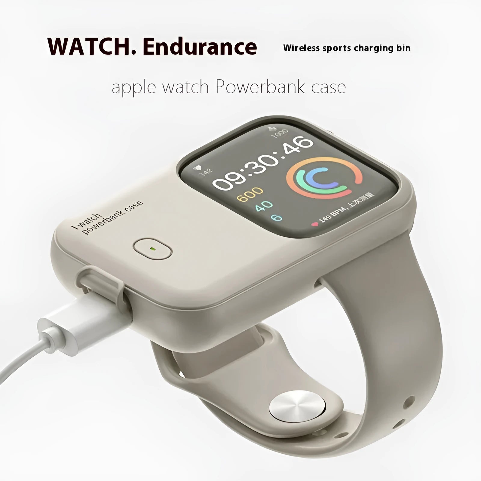 Apple Watch portable charging case power bank in brown, midnight blue, or starlight colour with silicone protection case.