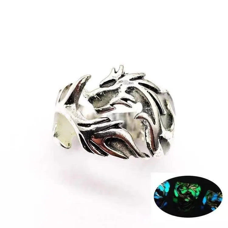 Adjustable Chinese style ring with luminous dragon pattern in antique silver blue and green electroplated metal