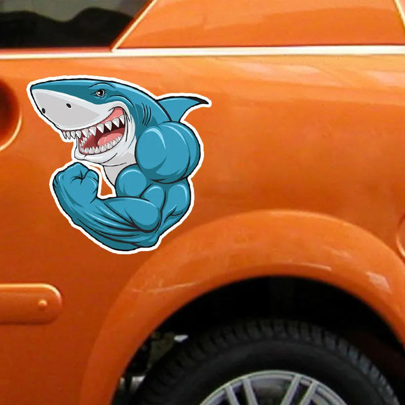 Creative bodybuilding shark 3D cartoon PVC bumper sticker 15x14cm reflective colour on car bumper