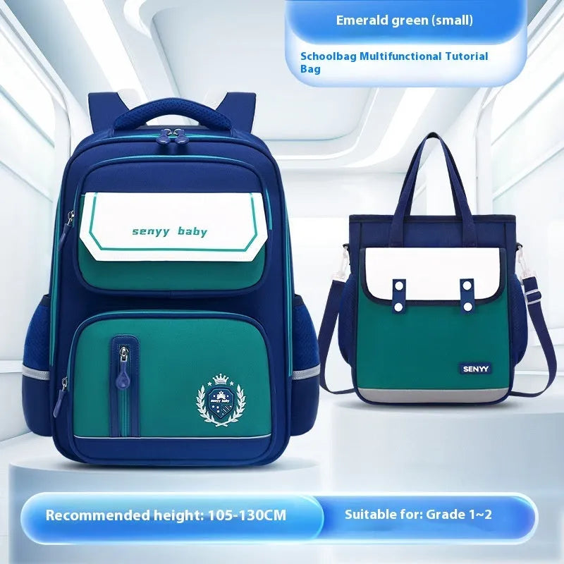 Children's spine protector backpack in blue, made of water-repellent Oxford cloth, size 38x30x15cm