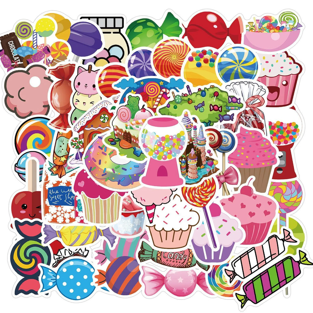Pack of 50 colourful Candy series graffiti and cartoon vinyl stickers, each 4-6 cm long.