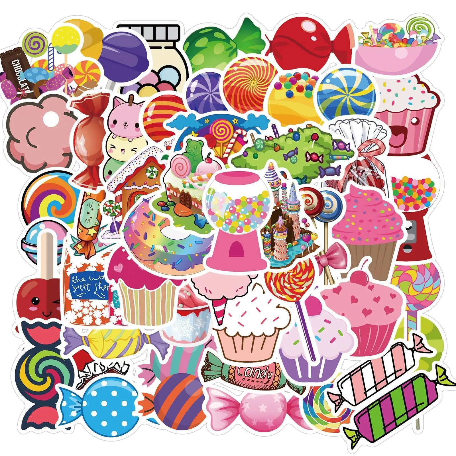 Pack of 50 colourful Candy series graffiti and cartoon vinyl stickers, each 4-6 cm long.