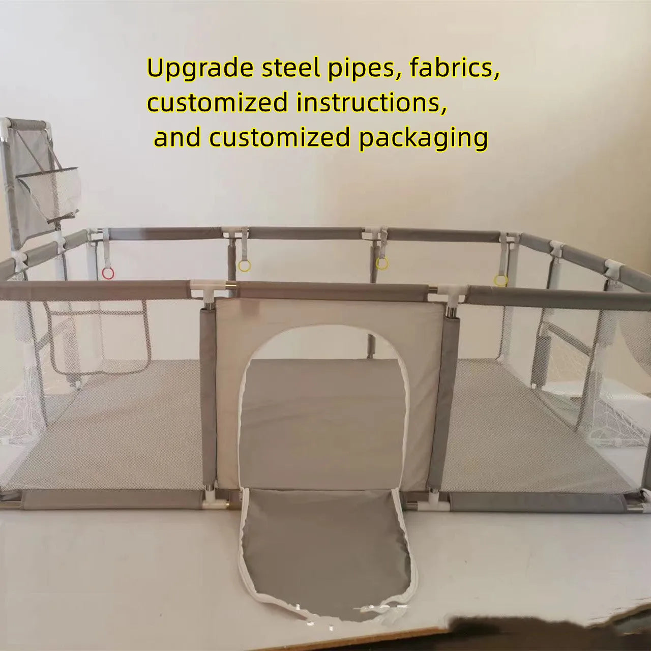 Children's tent playpen with Oxford cloth fence and stainless steel frame in dark grey, 1.22x2.3x1.05m, for indoor play