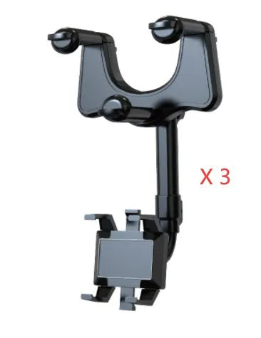 Black rearview mirror car phone holder with retractable arm and 360-degree rotating phone clip.