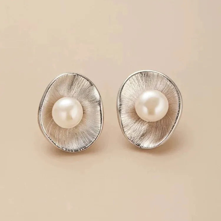 Pearl sterling silver needle earrings with geometric freshwater pearl charms on 925 silver posts
