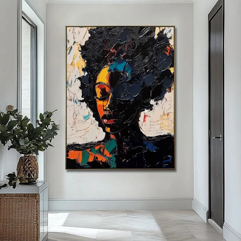 Hand-painted oil painting of African woman abstract graffiti street art on canvas