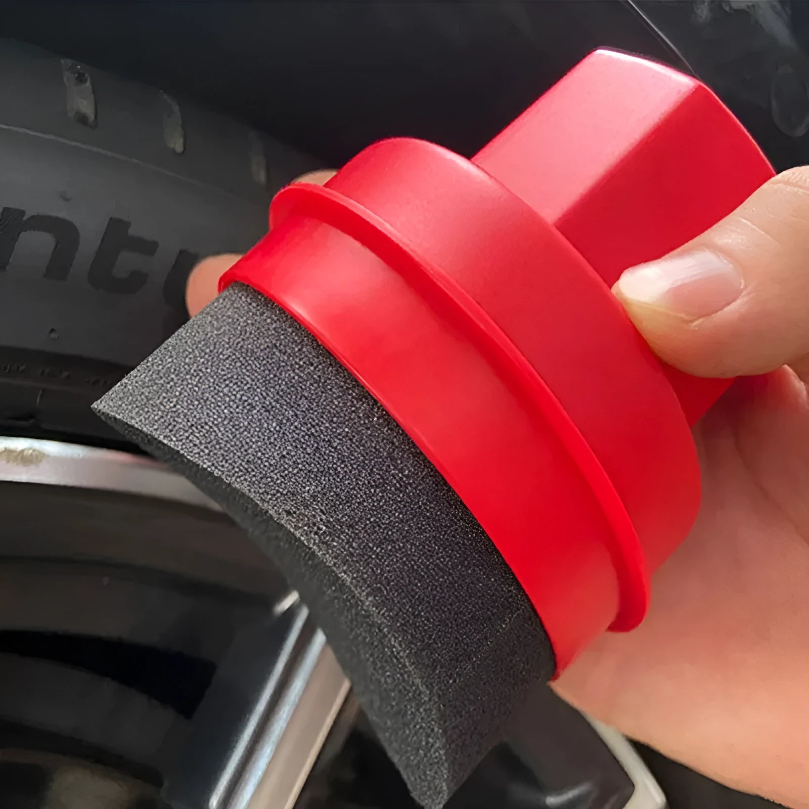 Hand-held car tyre polishing sponge brush with a black high-density sponge and a white PP plastic handle and lid.