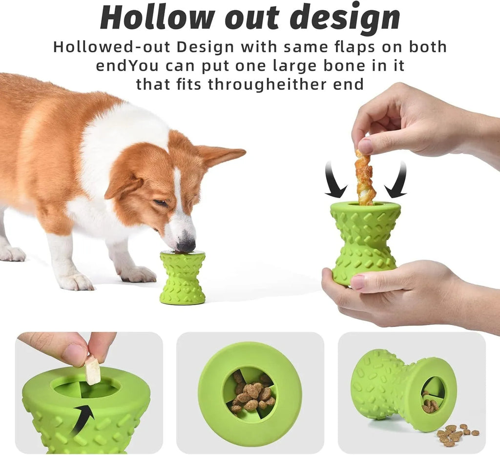 Natural rubber treat dispensing dog toy in bone shape with hollow centre and food leakage holes
