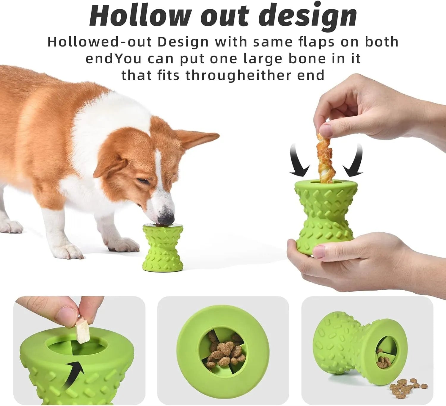 Natural rubber treat dispensing dog toy in bone shape with hollow centre and food leakage holes