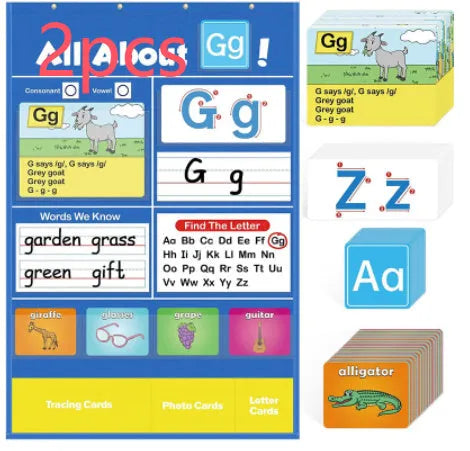 Alphabet learning sleeve table chart with educational cards measuring 60x40cm