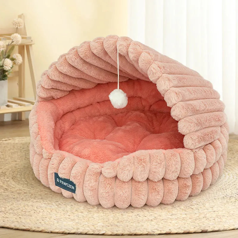 Large warm cat nest pet bed in gray shell design, 50cm diameter cloth material
