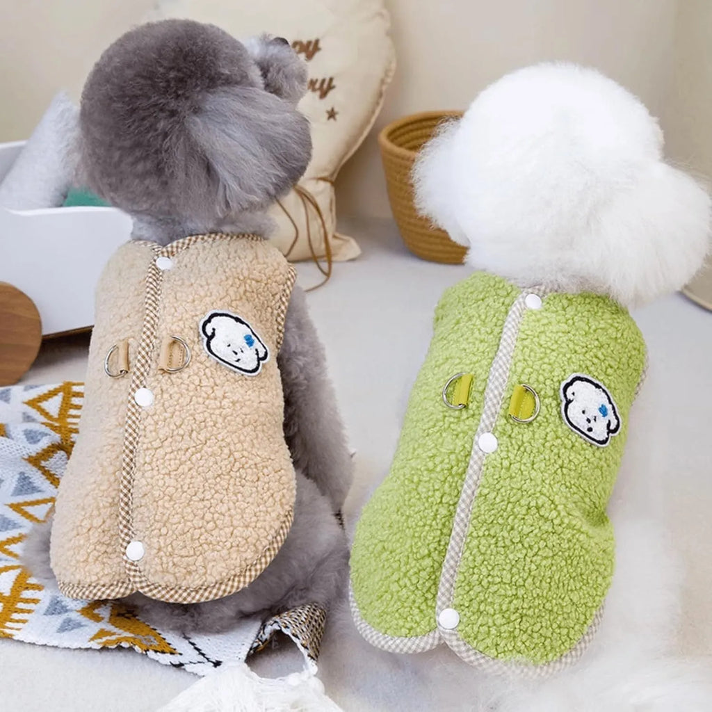 Green thickened coral fleece dog vest with a leash ring on the back, sized for a small dog.