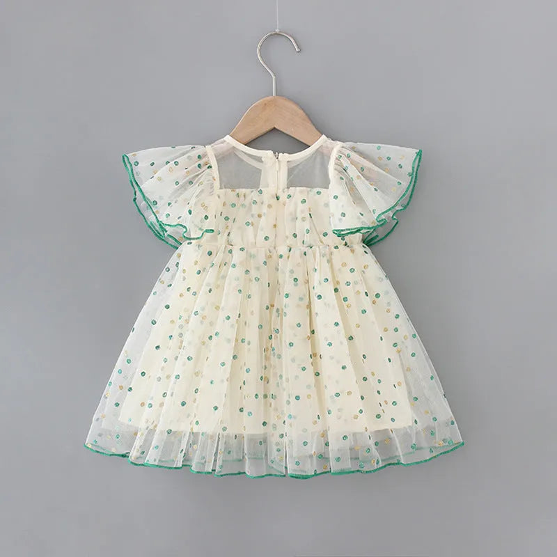 Children girls green striped yellow A-line sleeveless party romper dress cotton blend 80-140cm