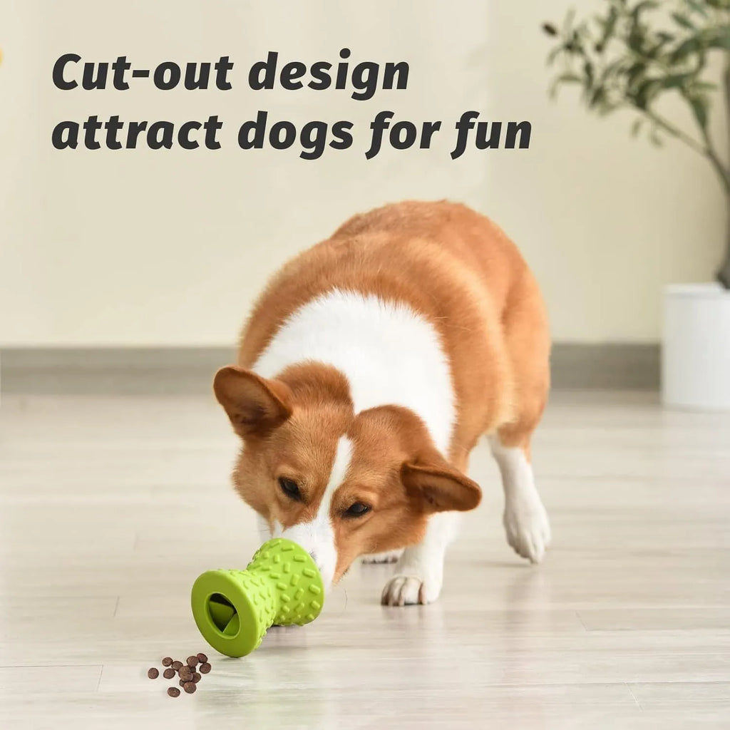 Natural rubber treat dispensing dog toy in bone shape with hollow centre and food leakage holes