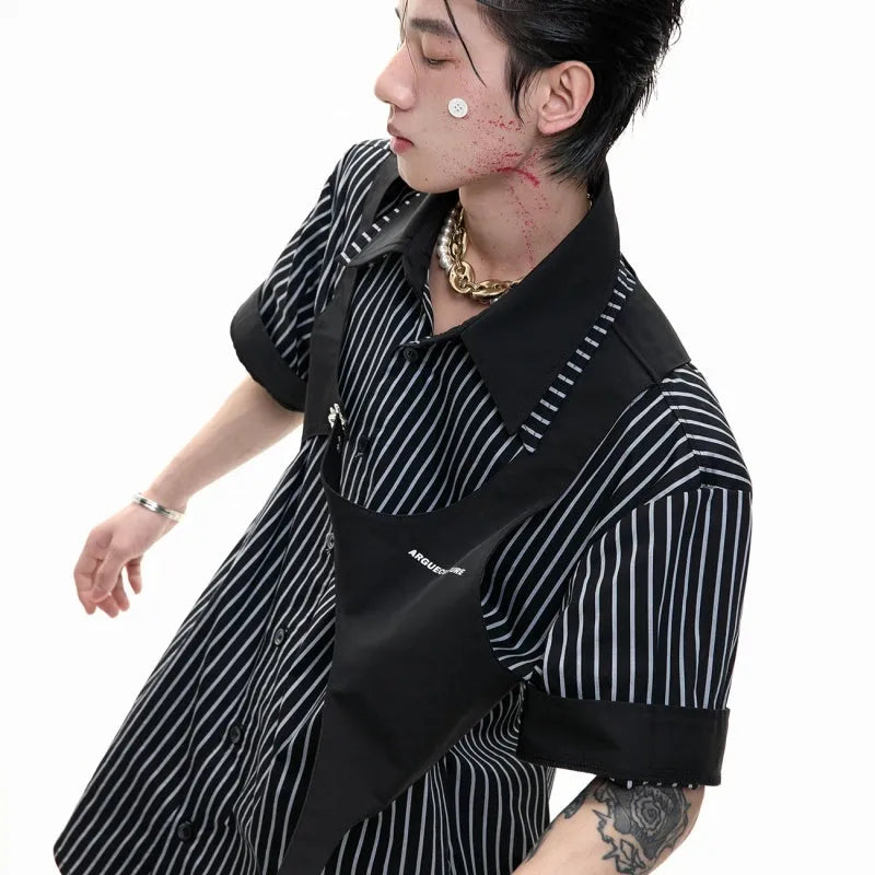 Men's black and white striped cotton shirt with double lapel collar design, short sleeves