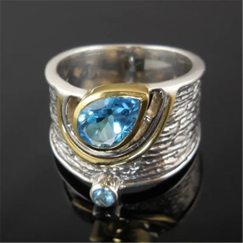 Chinese style women's blue zircon ring with drop shape design and inlaid rhinestones