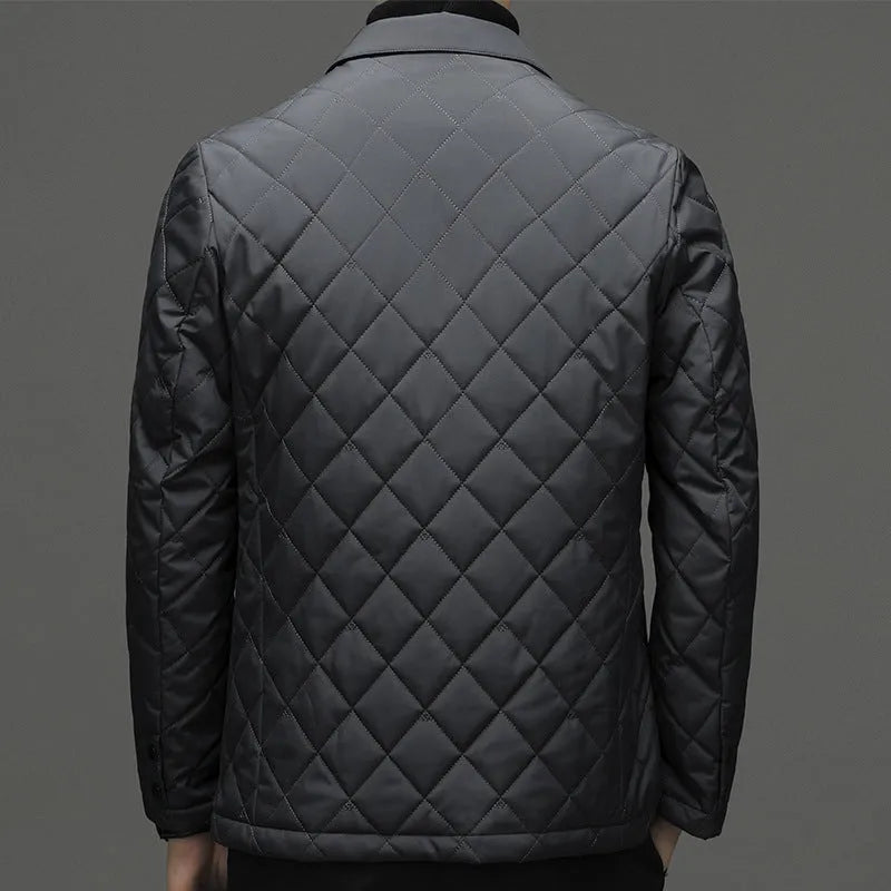 Men's winter down jacket with lapel collar in solid colour with side seam pockets